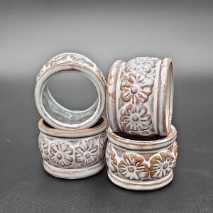 Floral Ceramic Napkin Rings - White and Brown
